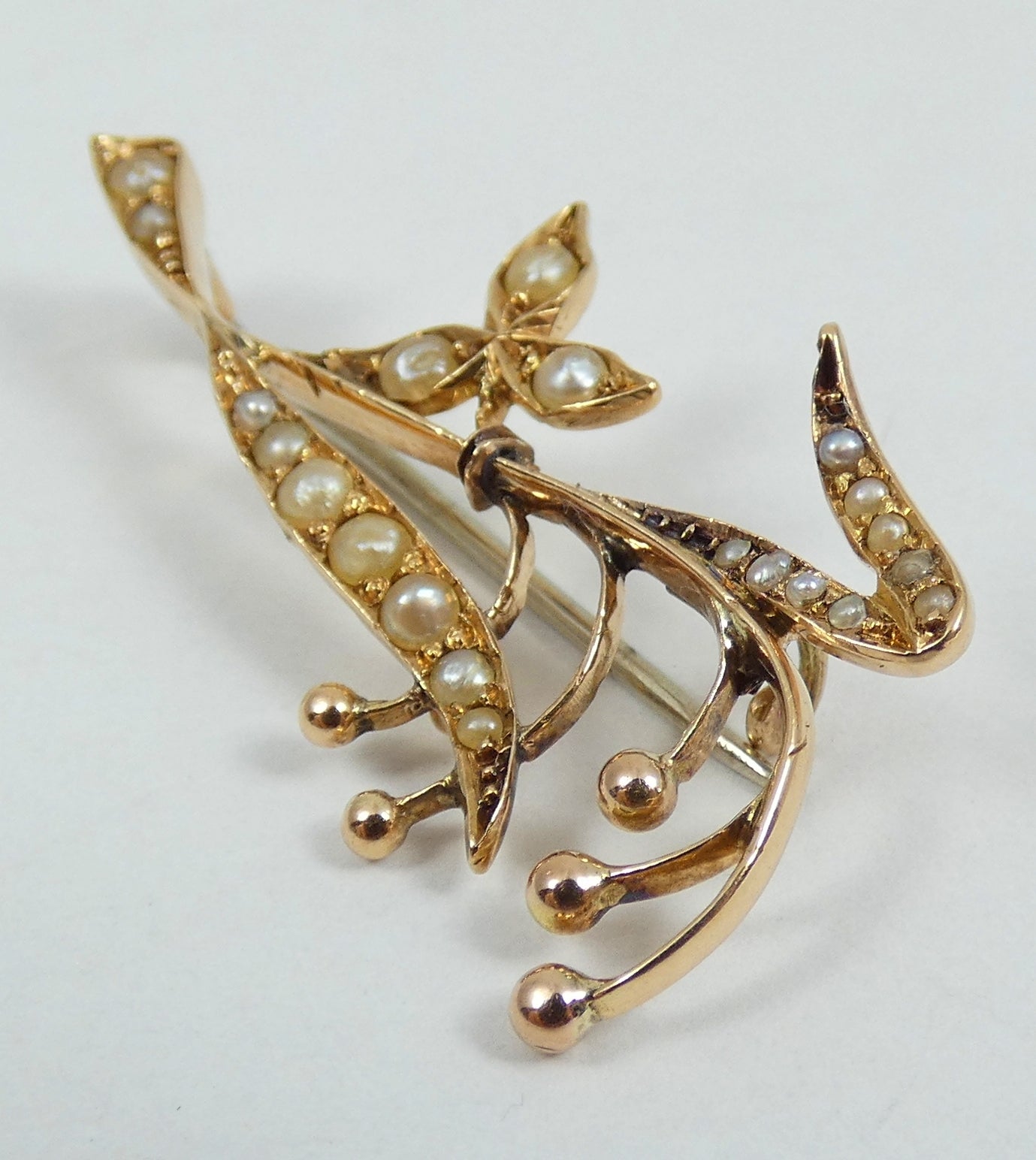 Antique Edwardian 1910 Solid 15ct Yellow Gold Pearl Lily of the Valley Brooch