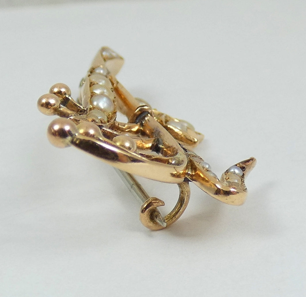 Antique Edwardian 1910 Solid 15ct Yellow Gold Pearl Lily of the Valley Brooch