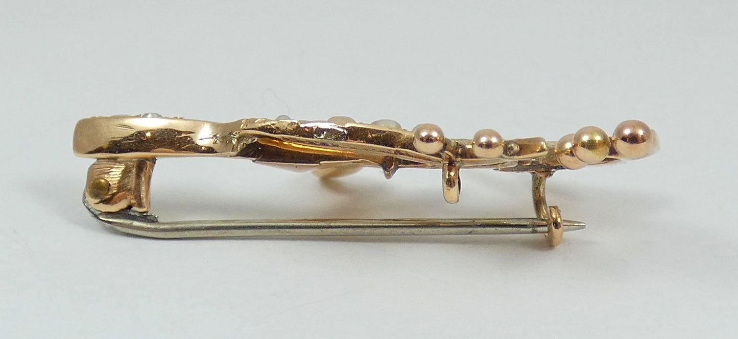 Antique Edwardian 1910 Solid 15ct Yellow Gold Pearl Lily of the Valley Brooch