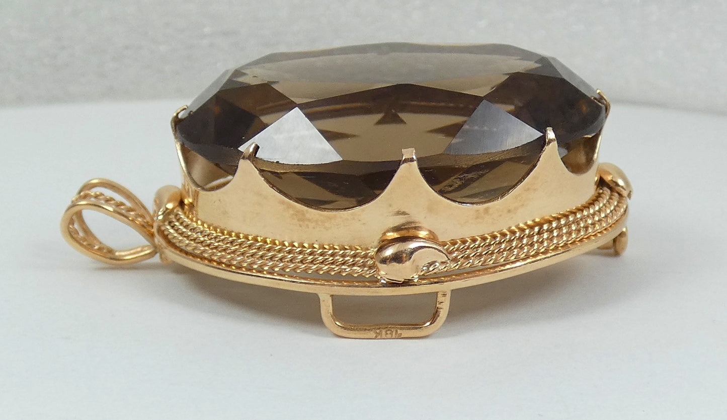 Vintage Large Solid 14ct Yellow Gold 74ct Smoky Quartz Necklace Pendant Brooch