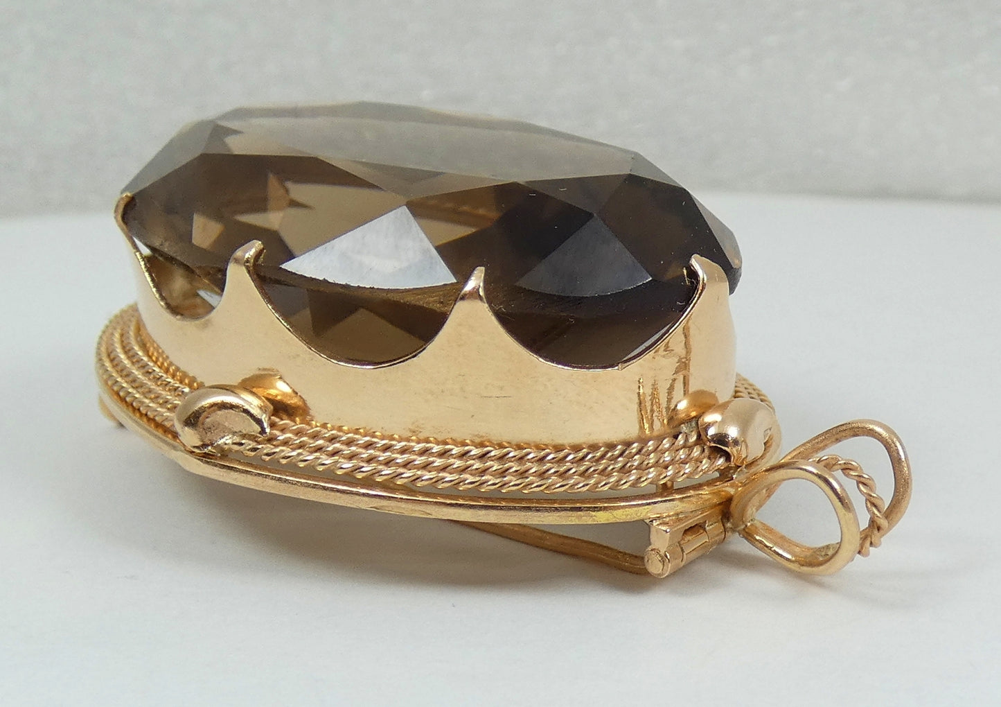 Vintage Large Solid 14ct Yellow Gold 74ct Smoky Quartz Necklace Pendant Brooch