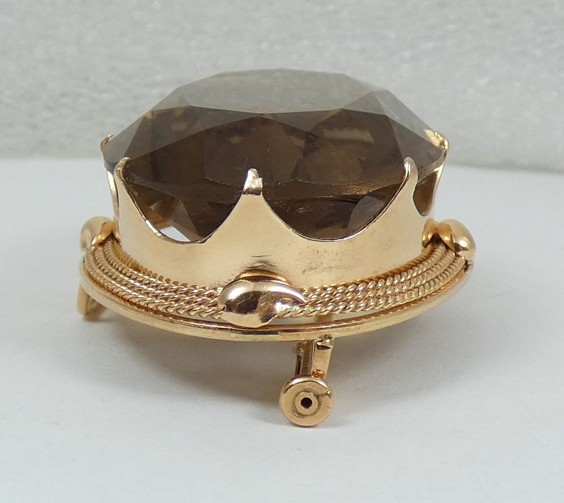 Vintage Large Solid 14ct Yellow Gold 74ct Smoky Quartz Necklace Pendant Brooch