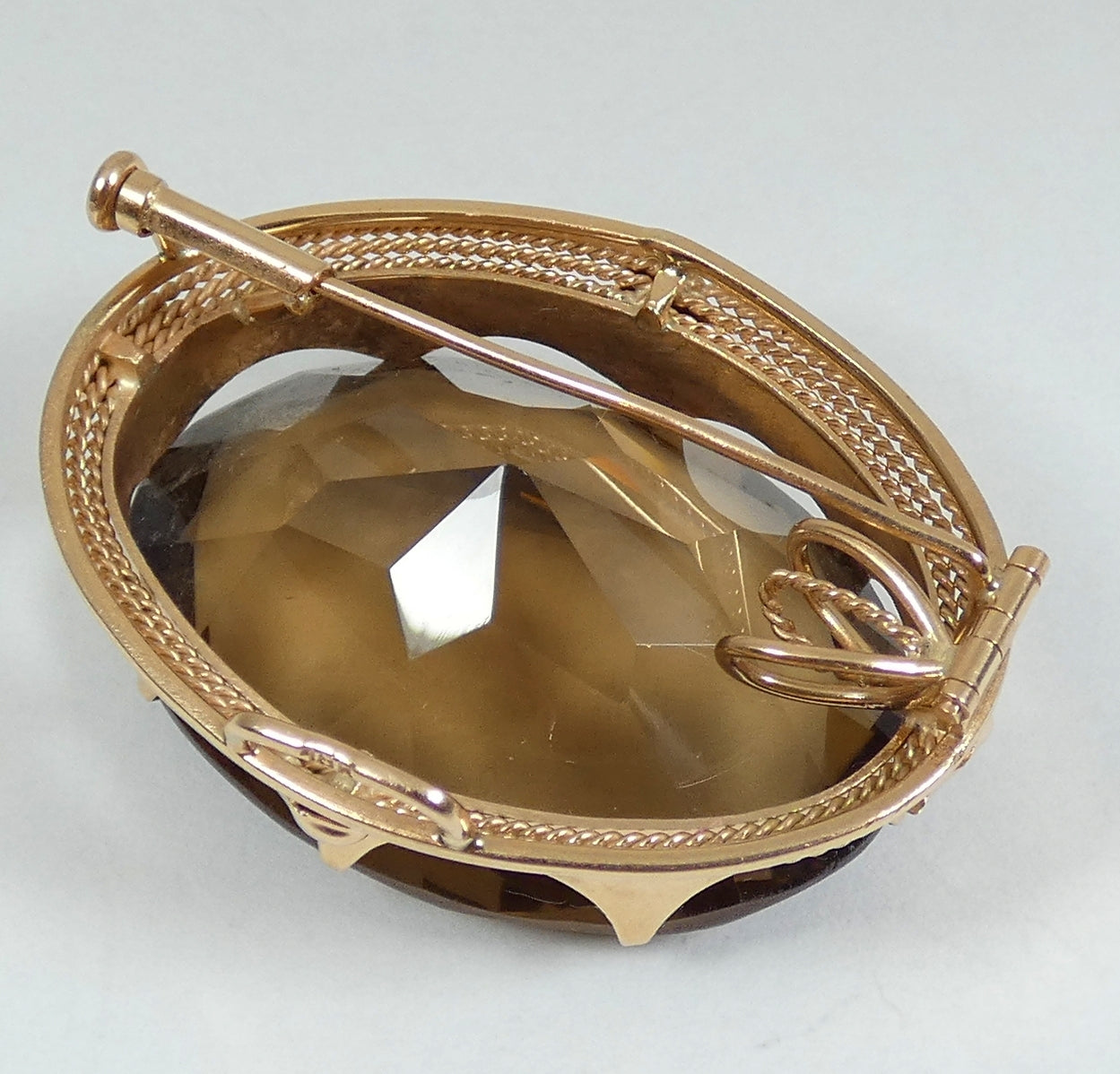 Vintage Large Solid 14ct Yellow Gold 74ct Smoky Quartz Necklace Pendant Brooch