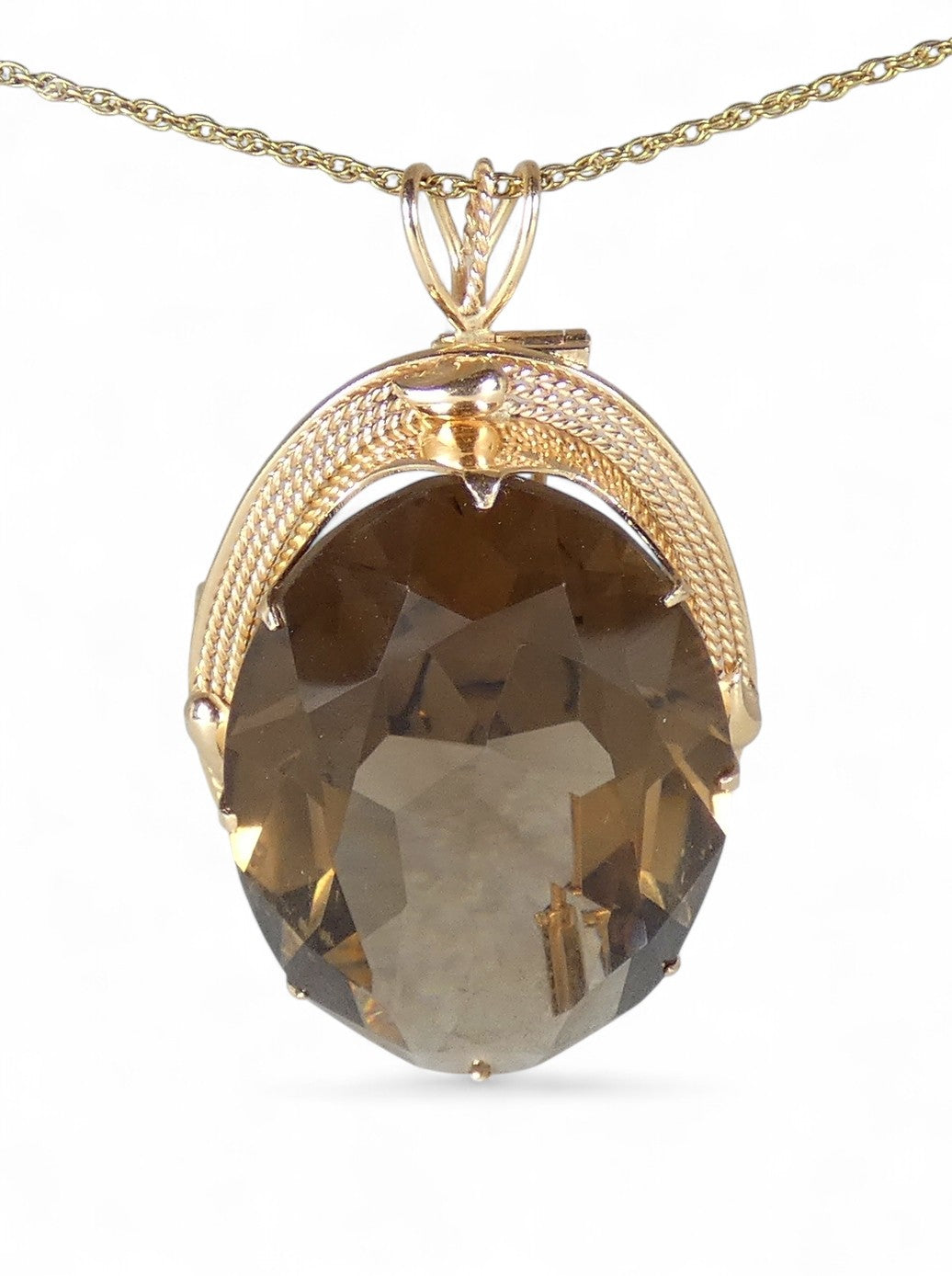 Vintage Large Solid 14ct Yellow Gold 74ct Smoky Quartz Necklace Pendant Brooch
