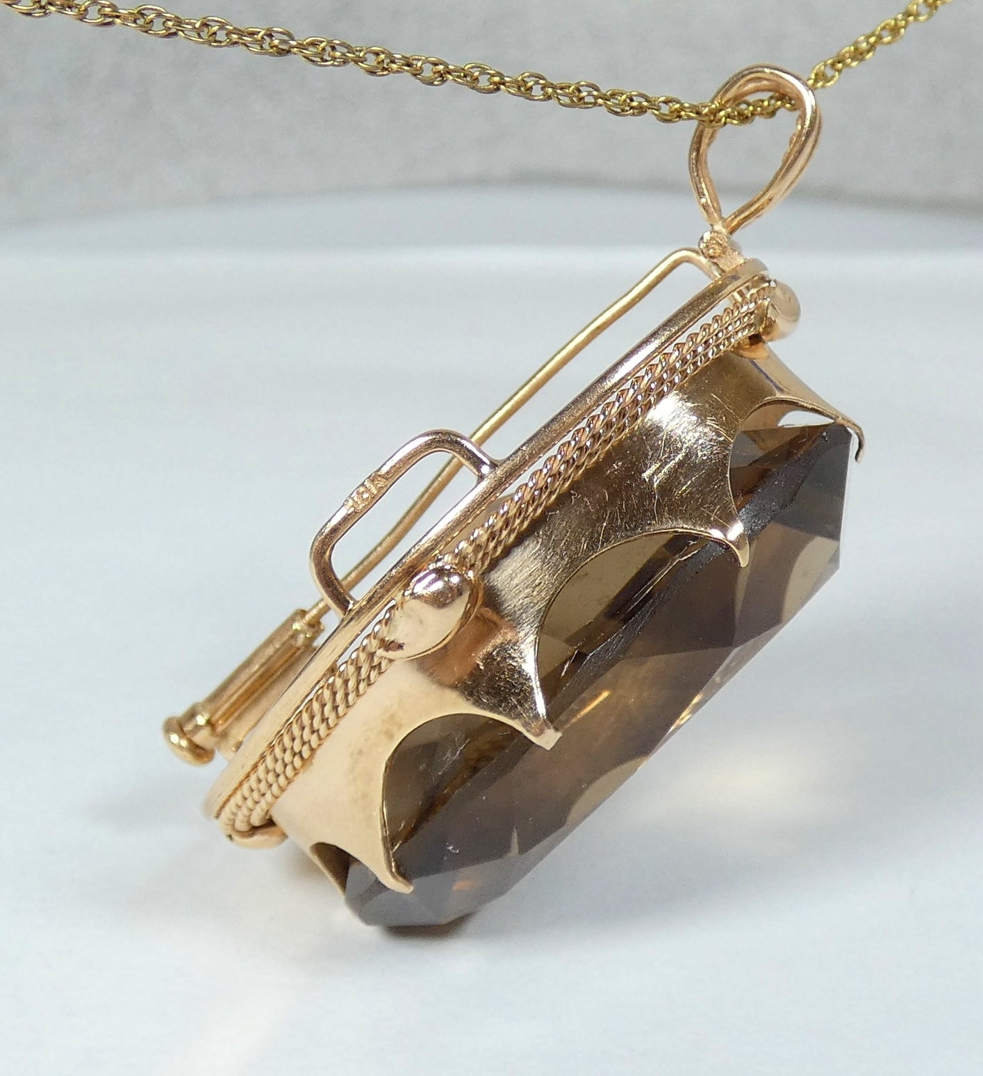 Vintage Large Solid 14ct Yellow Gold 74ct Smoky Quartz Necklace Pendant Brooch