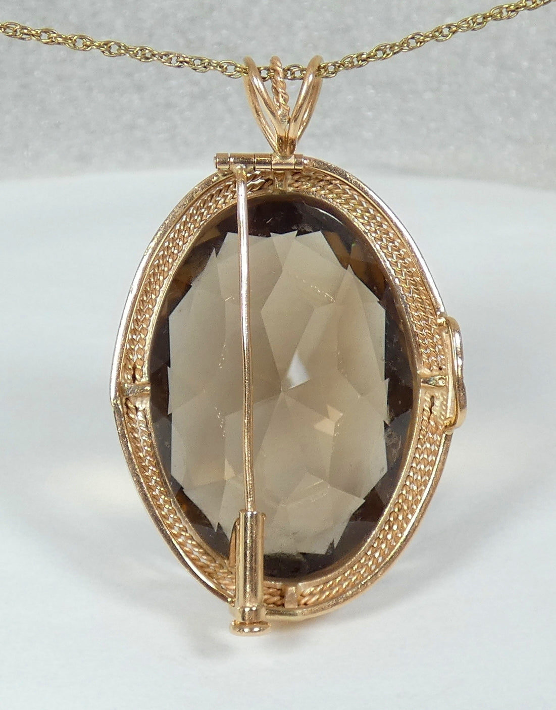 Vintage Large Solid 14ct Yellow Gold 74ct Smoky Quartz Necklace Pendant Brooch