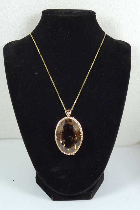 Vintage Large Solid 14ct Yellow Gold 74ct Smoky Quartz Necklace Pendant Brooch
