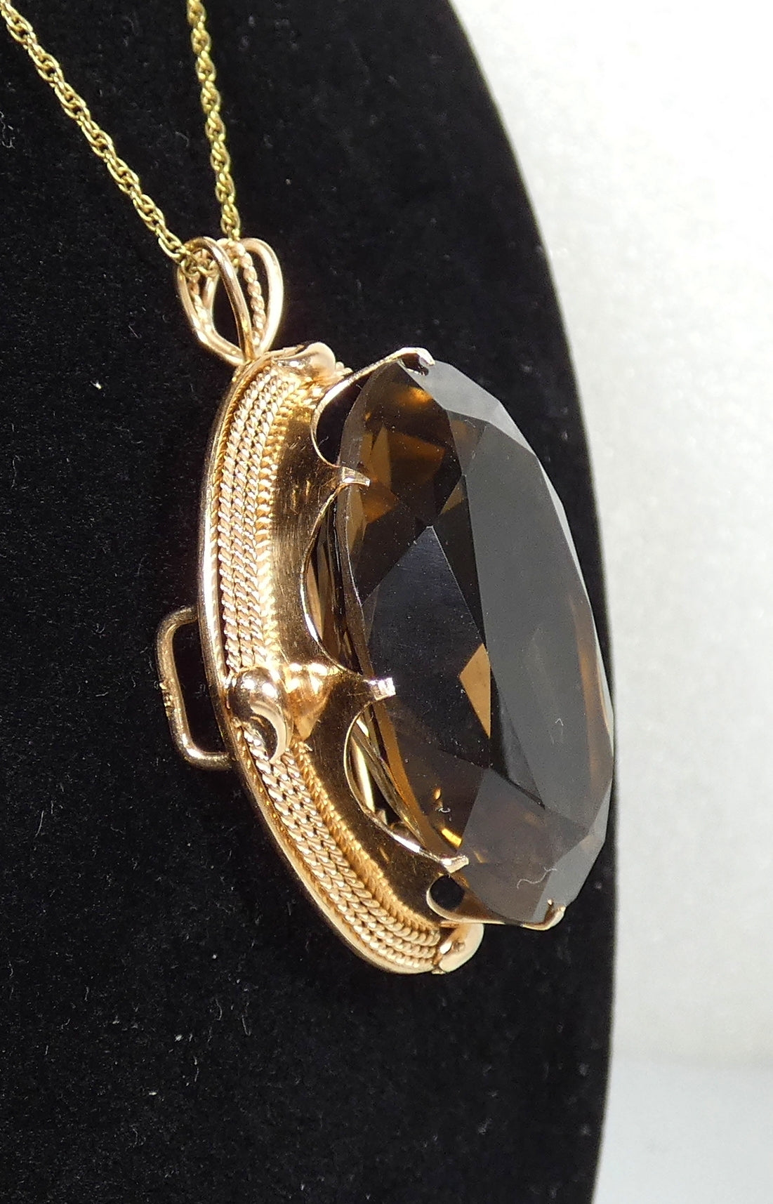 Vintage Large Solid 14ct Yellow Gold 74ct Smoky Quartz Necklace Pendant Brooch