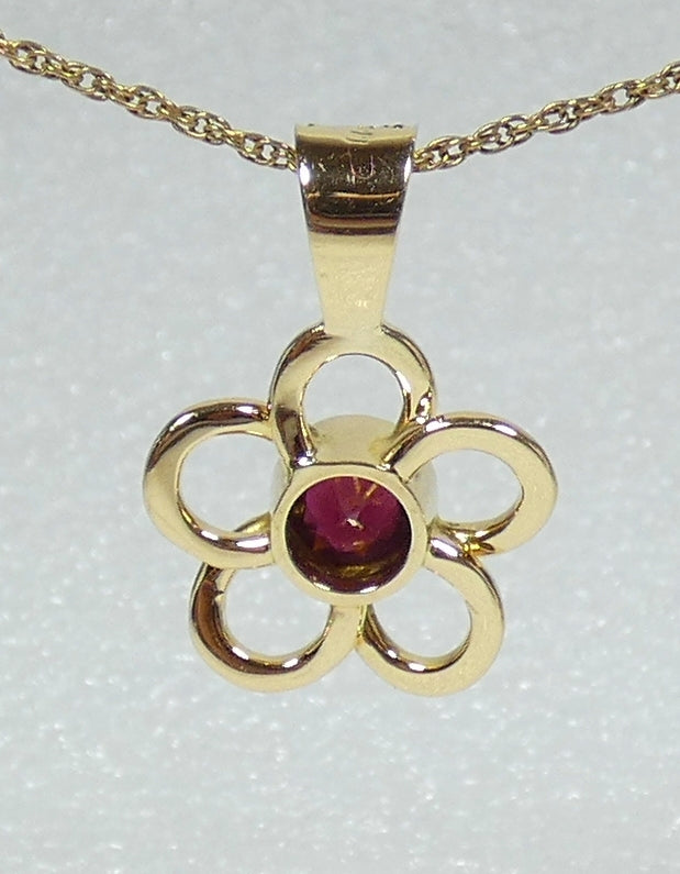 Solid 18ct Yellow Gold Rubellite Red Tourmaline Diamond Flower Necklace Pendant