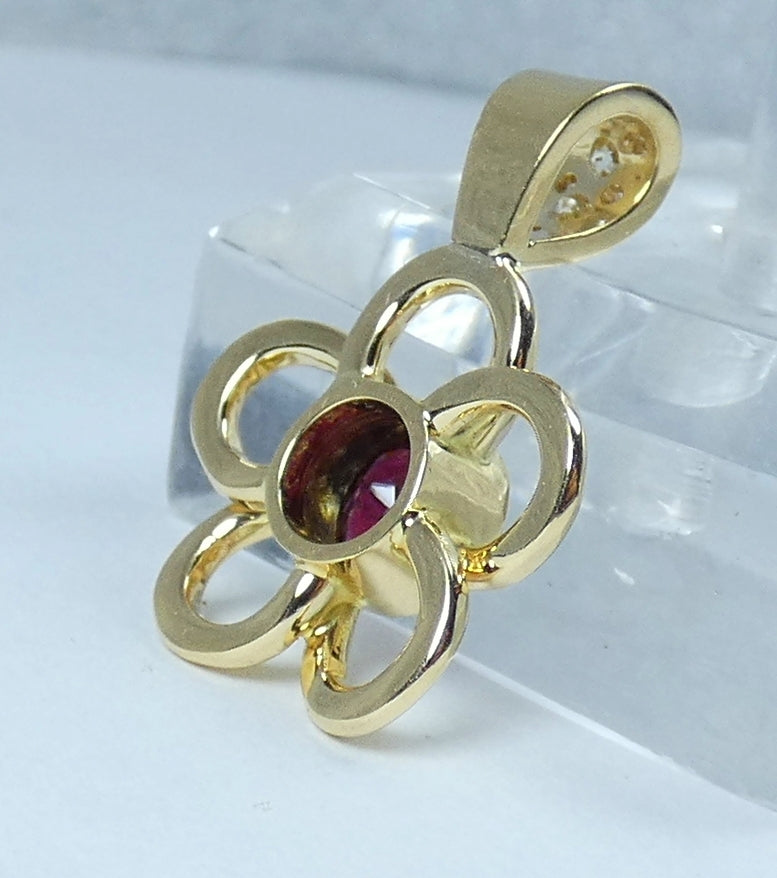 Solid 18ct Yellow Gold Rubellite Red Tourmaline Diamond Flower Necklace Pendant