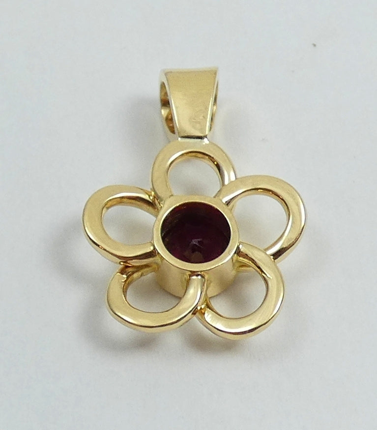 Solid 18ct Yellow Gold Rubellite Red Tourmaline Diamond Flower Necklace Pendant