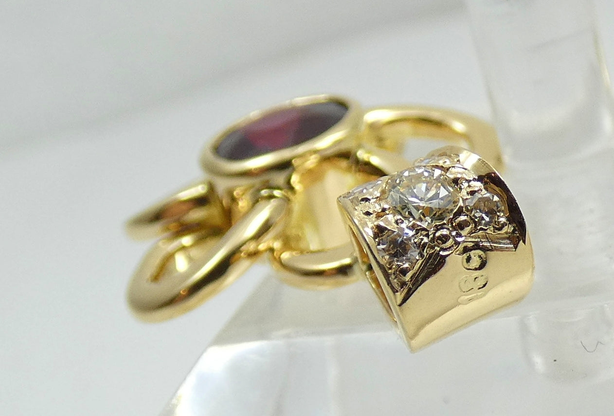 Solid 18ct Yellow Gold Rubellite Red Tourmaline Diamond Flower Necklace Pendant