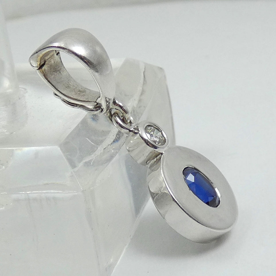 Solid 9ct White Gold Oval Blue Sapphire & Diamond Necklace Pendant Hinged Bail