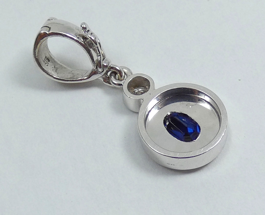 Solid 9ct White Gold Oval Blue Sapphire & Diamond Necklace Pendant Hinged Bail