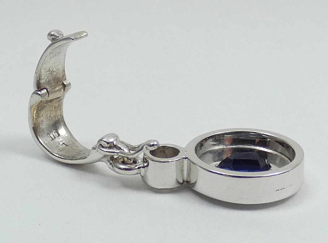 Solid 9ct White Gold Oval Blue Sapphire & Diamond Necklace Pendant Hinged Bail