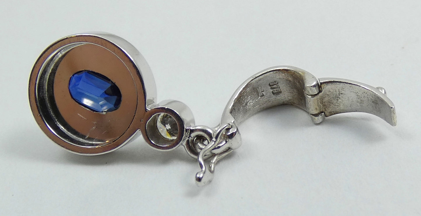 Solid 9ct White Gold Oval Blue Sapphire & Diamond Necklace Pendant Hinged Bail