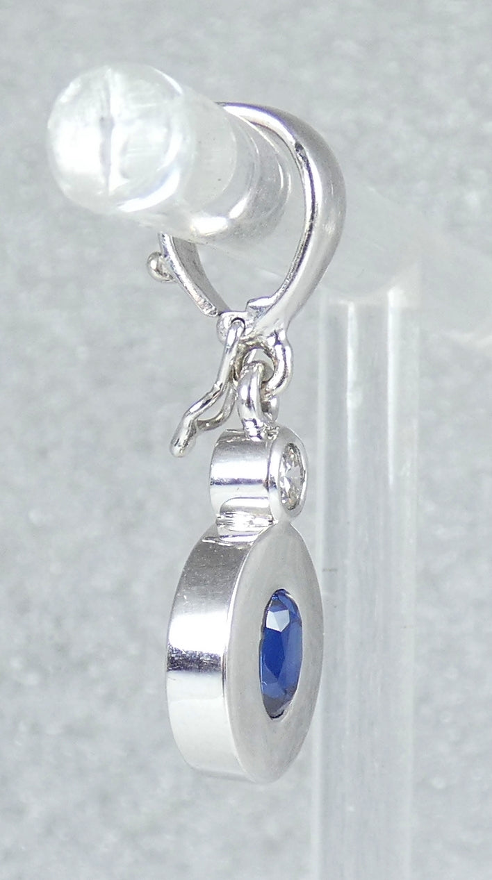 Solid 9ct White Gold Oval Blue Sapphire & Diamond Necklace Pendant Hinged Bail
