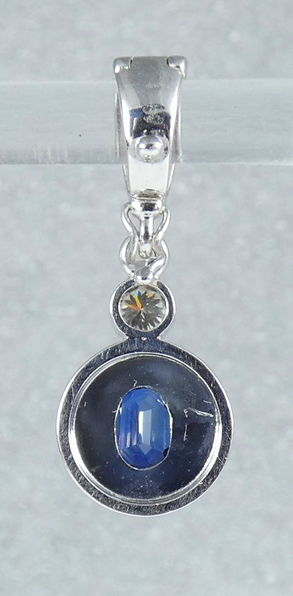 Solid 9ct White Gold Oval Blue Sapphire & Diamond Necklace Pendant Hinged Bail