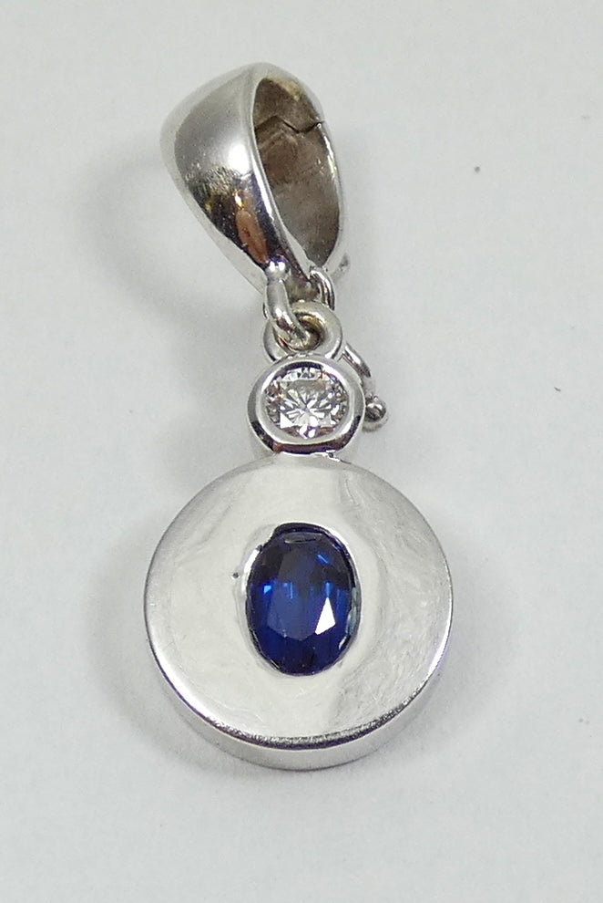 Solid 9ct White Gold Oval Blue Sapphire & Diamond Necklace Pendant Hinged Bail