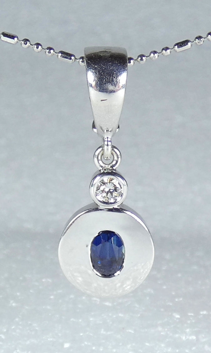 Solid 9ct White Gold Oval Blue Sapphire & Diamond Necklace Pendant Hinged Bail