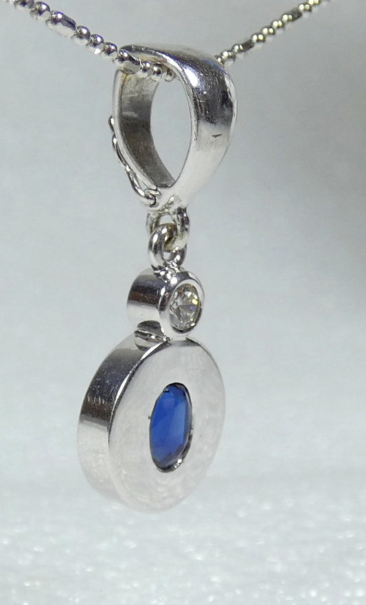 Solid 9ct White Gold Oval Blue Sapphire & Diamond Necklace Pendant Hinged Bail