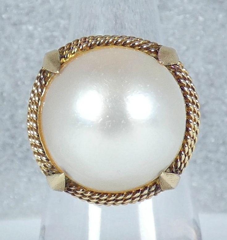 Vintage Solid 14ct Yellow Gold 17mm Mabe Pearl Cocktail Dress Ring Size 7 N 54