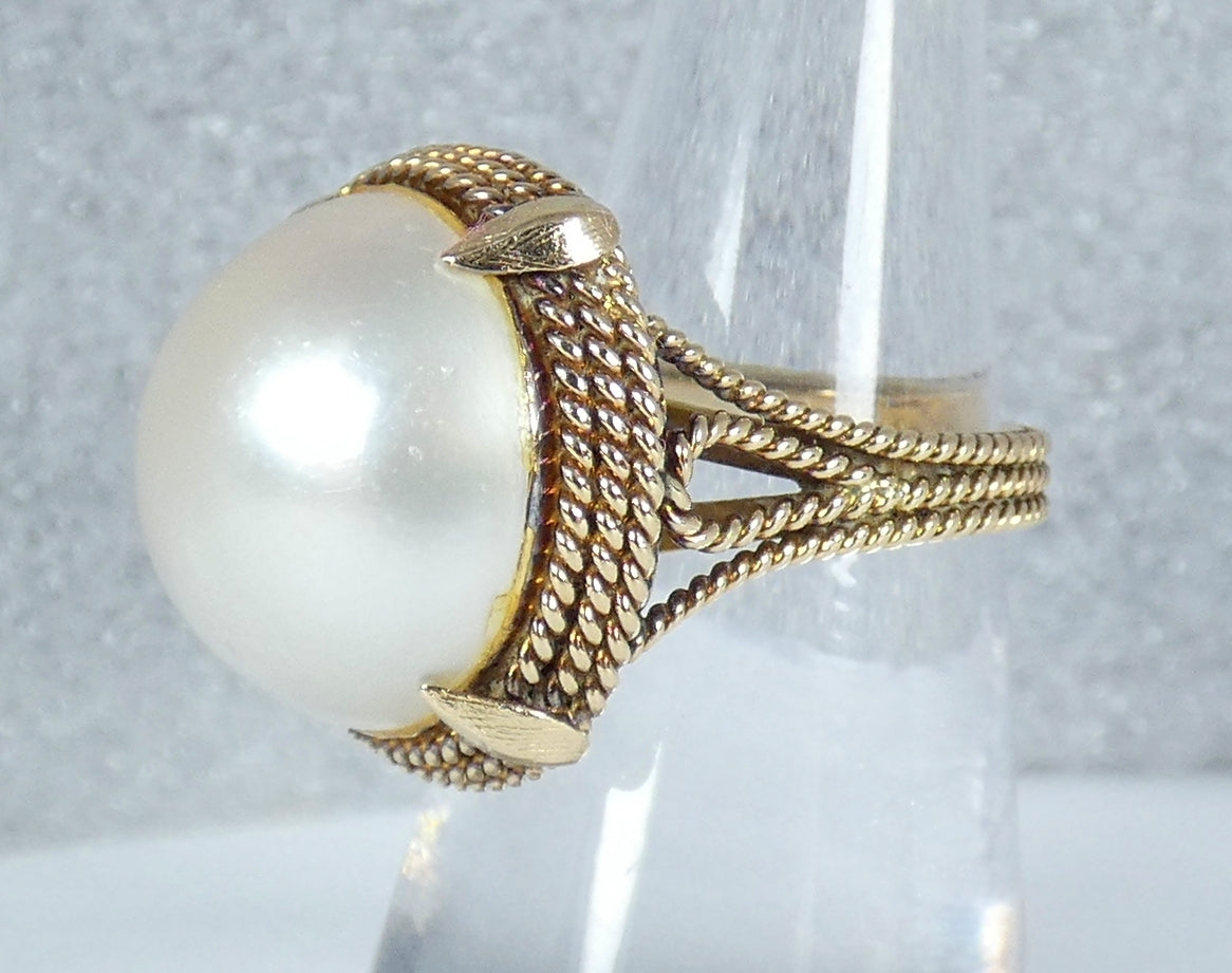 Vintage Solid 14ct Yellow Gold 17mm Mabe Pearl Cocktail Dress Ring Size 7 N 54