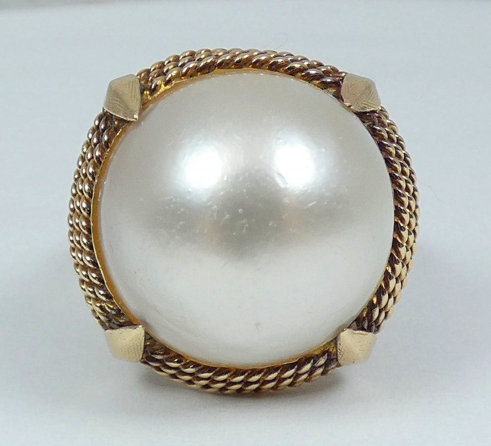 Vintage Solid 14ct Yellow Gold 17mm Mabe Pearl Cocktail Dress Ring Size 7 N 54