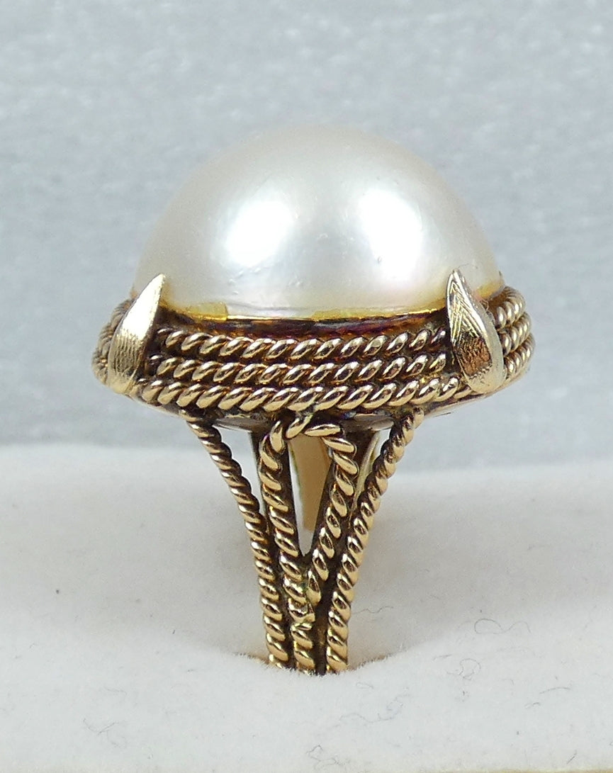 Vintage Solid 14ct Yellow Gold 17mm Mabe Pearl Cocktail Dress Ring Size 7 N 54