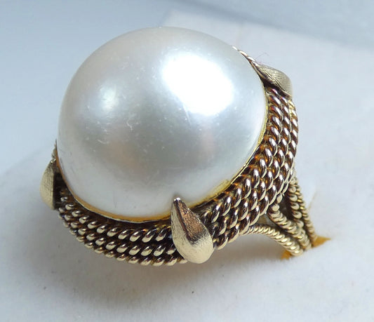 Vintage Solid 14ct Yellow Gold 17mm Mabe Pearl Cocktail Dress Ring Size 7 N 54