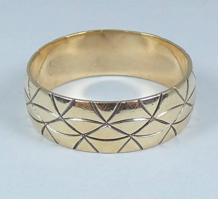 Vintage Solid 9ct Yellow Gold 6.5mm Textured Wedding Band Ring Size 8.5 Q 58 375