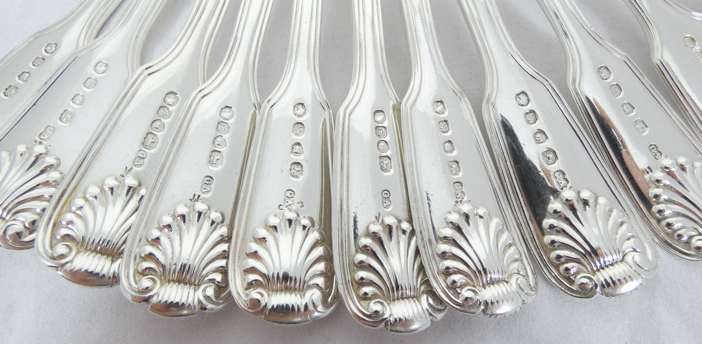 Antique Victorian 48pc Sterling Silver 12pl Cutlery Set Fiddle Thread & Shell