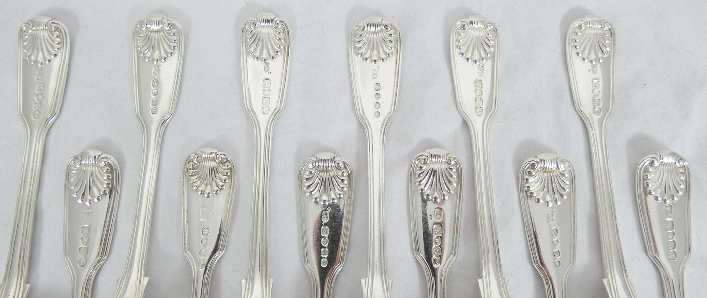 Antique Victorian 48pc Sterling Silver 12pl Cutlery Set Fiddle Thread & Shell