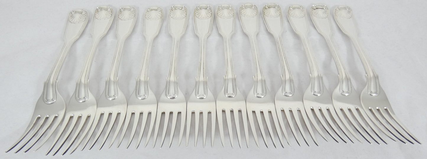 Antique Victorian 48pc Sterling Silver 12pl Cutlery Set Fiddle Thread & Shell