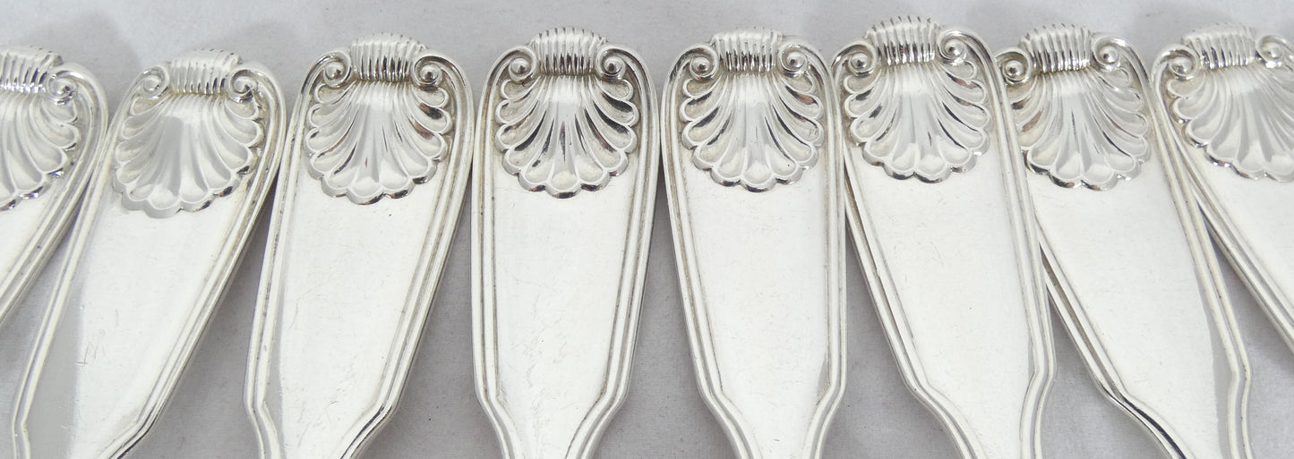 Antique Victorian 48pc Sterling Silver 12pl Cutlery Set Fiddle Thread & Shell