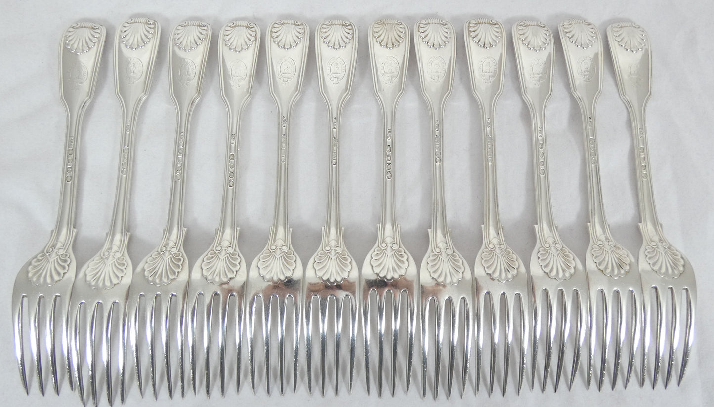 Antique Victorian 48pc Sterling Silver 12pl Cutlery Set Fiddle Thread & Shell