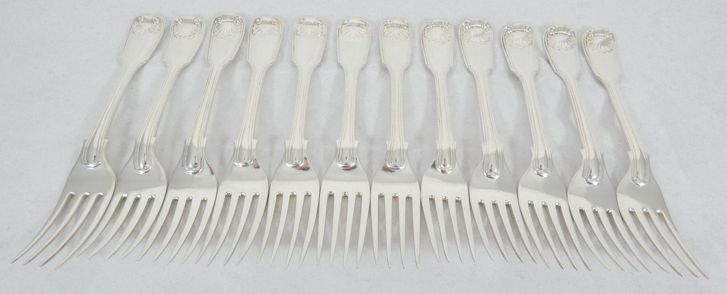 Antique Victorian 48pc Sterling Silver 12pl Cutlery Set Fiddle Thread & Shell