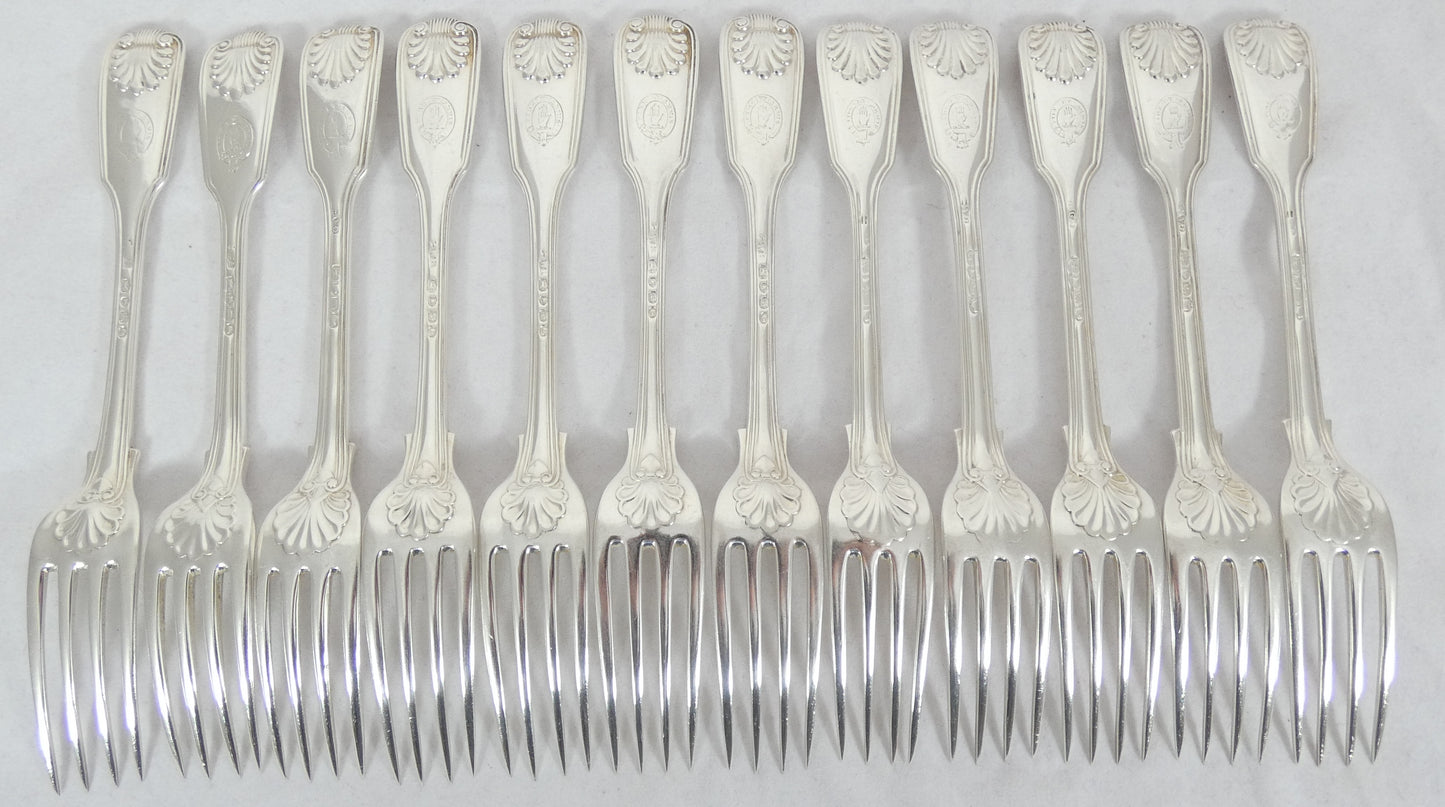 Antique Victorian 48pc Sterling Silver 12pl Cutlery Set Fiddle Thread & Shell