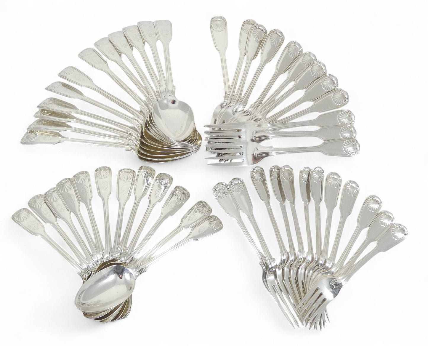 Antique Victorian 48pc Sterling Silver 12pl Cutlery Set Fiddle Thread & Shell