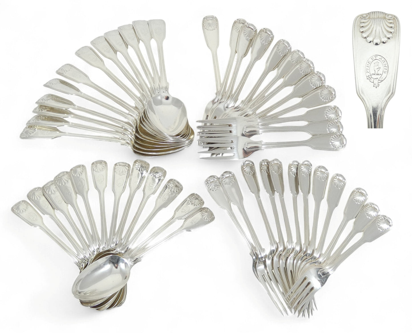 Antique Victorian 48pc Sterling Silver 12pl Cutlery Set Fiddle Thread & Shell