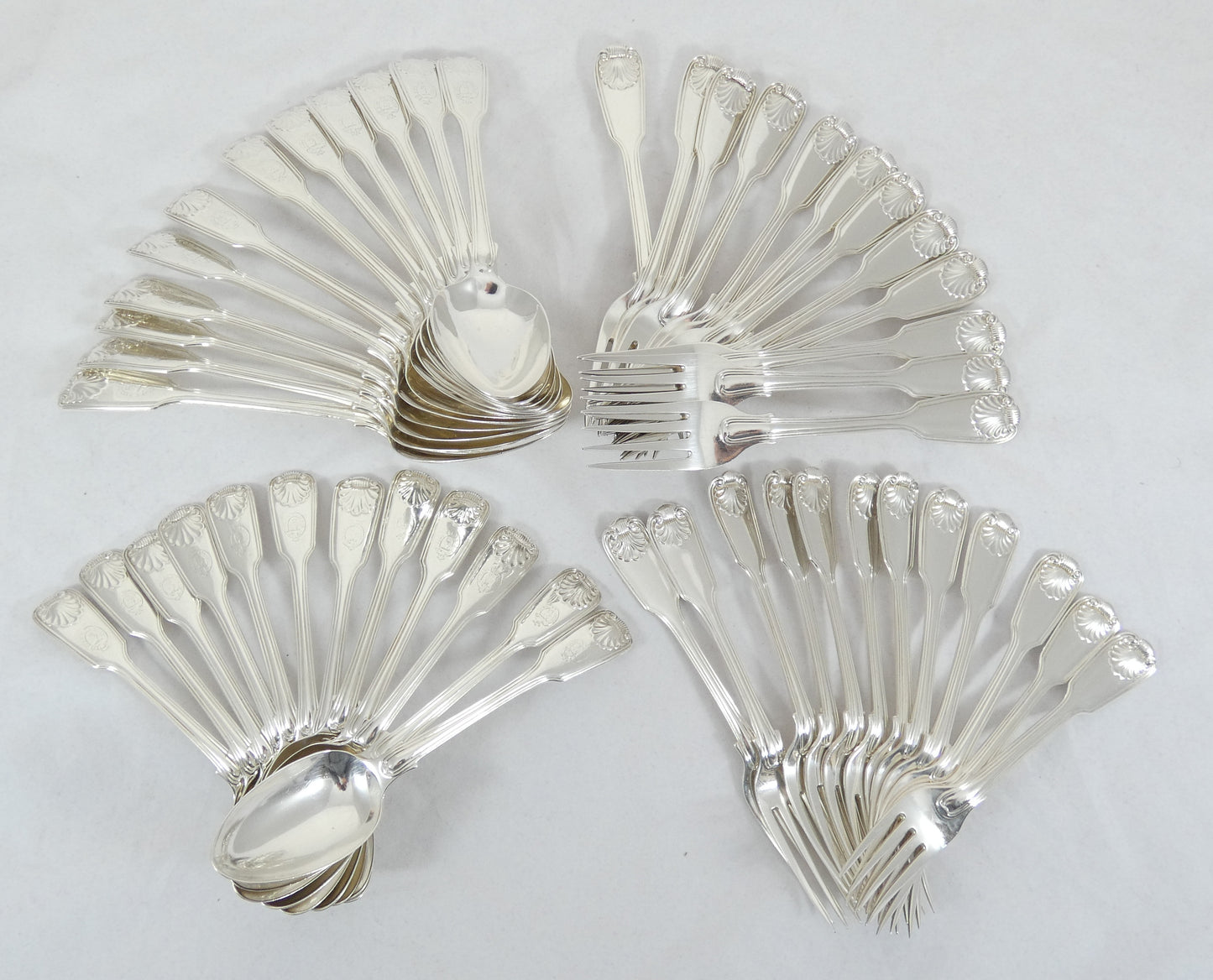 Antique Victorian 48pc Sterling Silver 12pl Cutlery Set Fiddle Thread & Shell