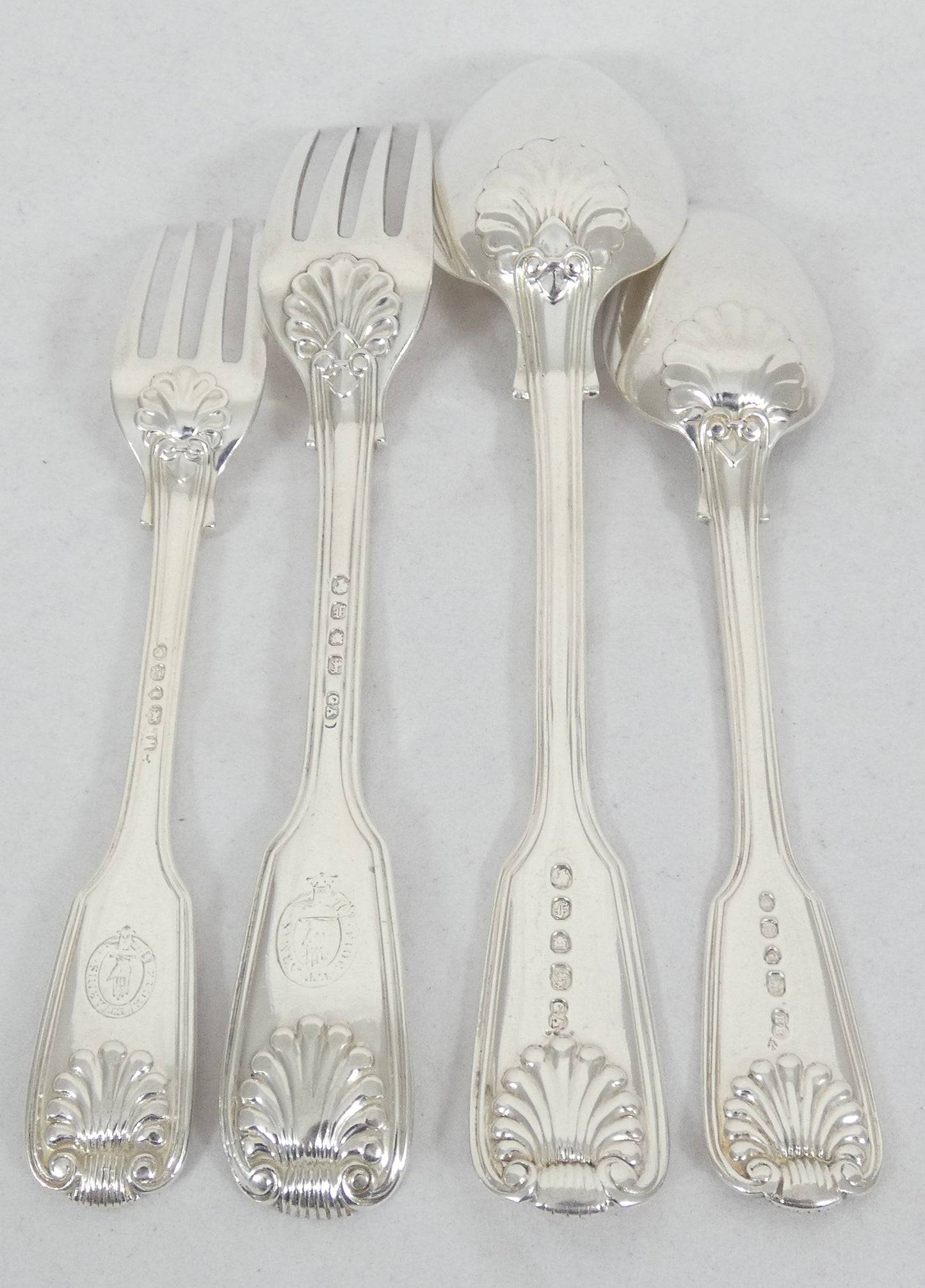 Antique Victorian 48pc Sterling Silver 12pl Cutlery Set Fiddle Thread & Shell
