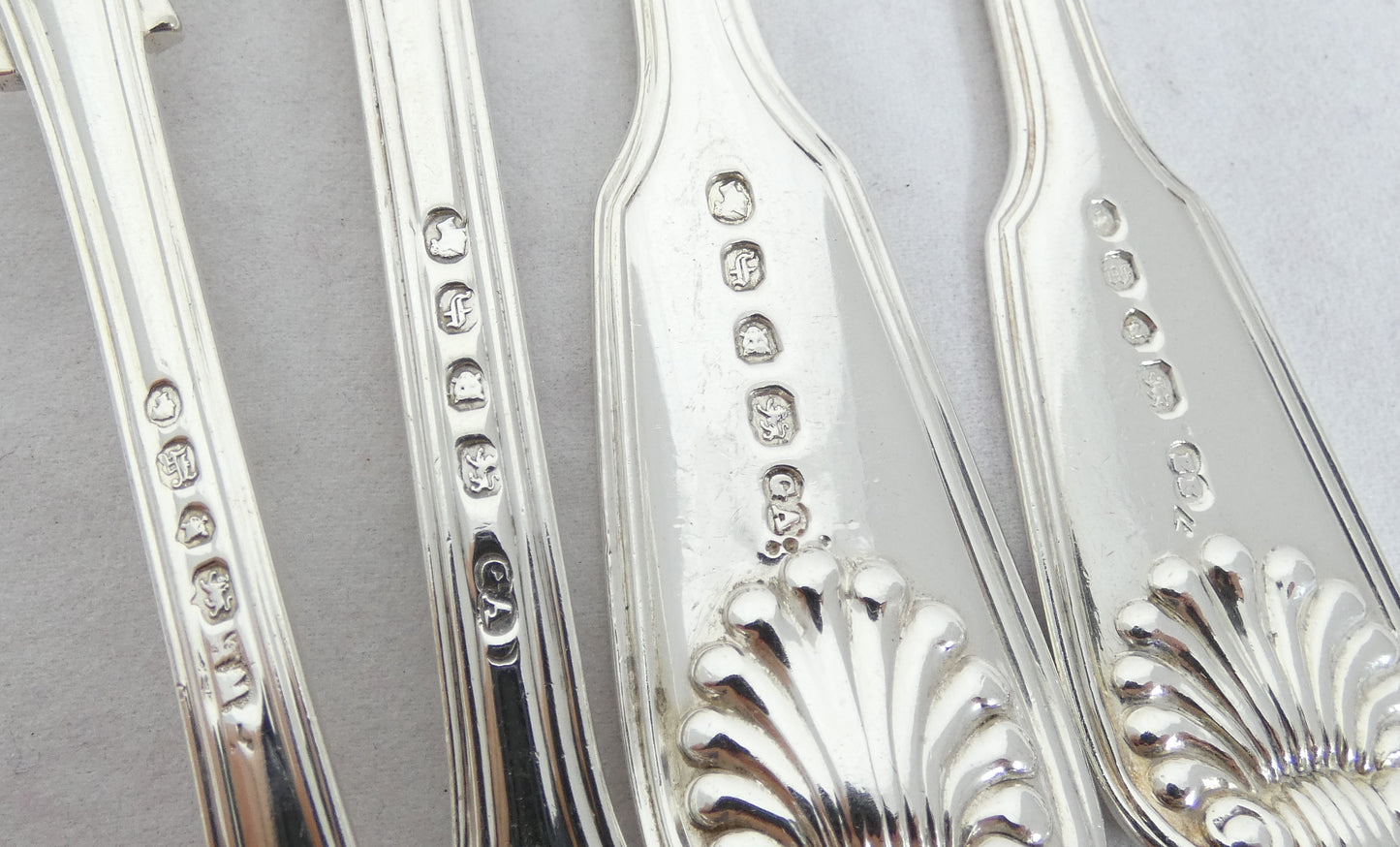 Antique Victorian 48pc Sterling Silver 12pl Cutlery Set Fiddle Thread & Shell