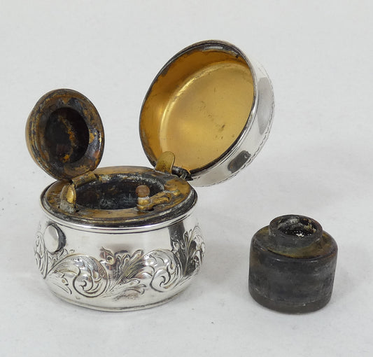 Antique Edwardian 1902 Sterling Silver Travel Inkwell Ink Well Pot Repousse Jar