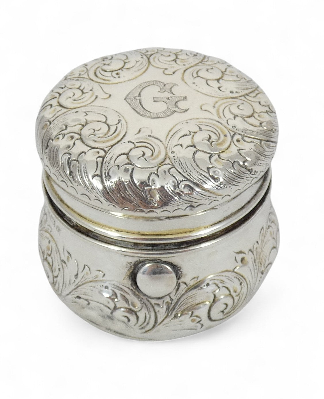Antique Edwardian 1902 Sterling Silver Travel Inkwell Ink Well Pot Repousse Jar