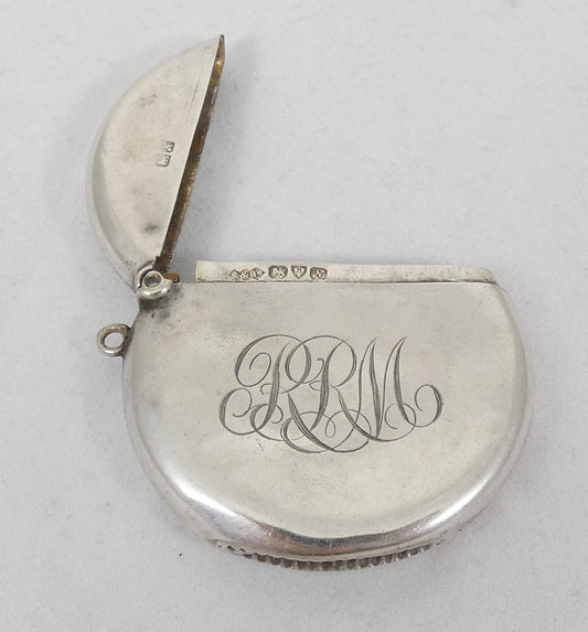 Antique Edwardian 1913 Sterling Silver Match Safe Vesta Case Round Circular Moon