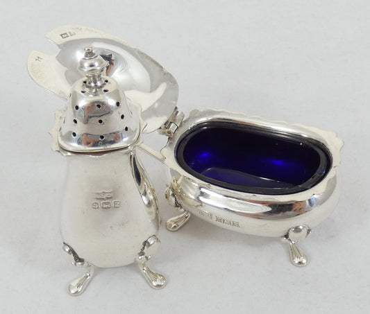 Antique Vintage 1949 Sterling Silver Cruet Set Pepper Pot Mustard Salt Cellar