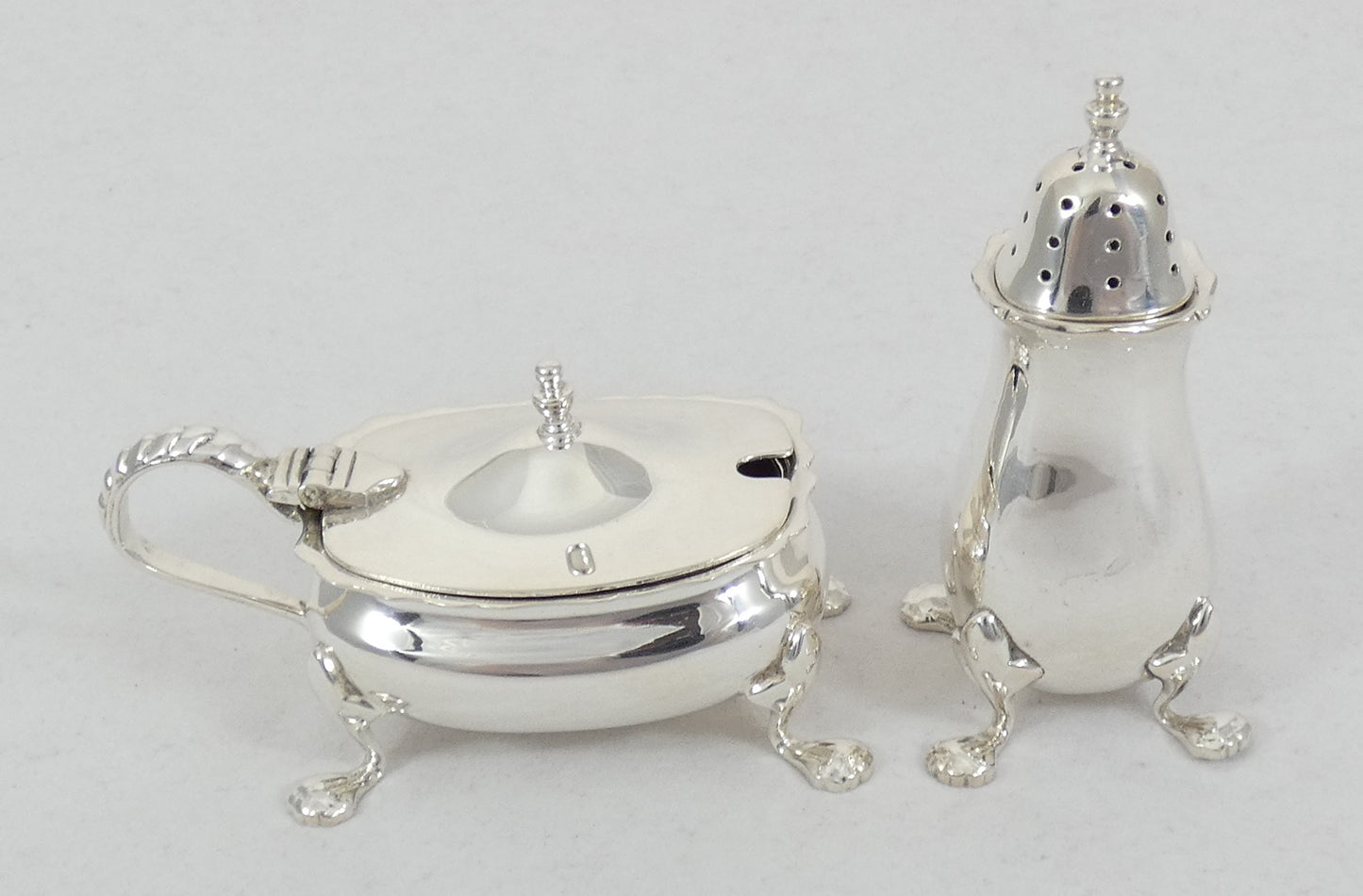 Vintage Australian 2pc Sterling Silver Cruet Set Pepper Pot Mustard Salt Cellar