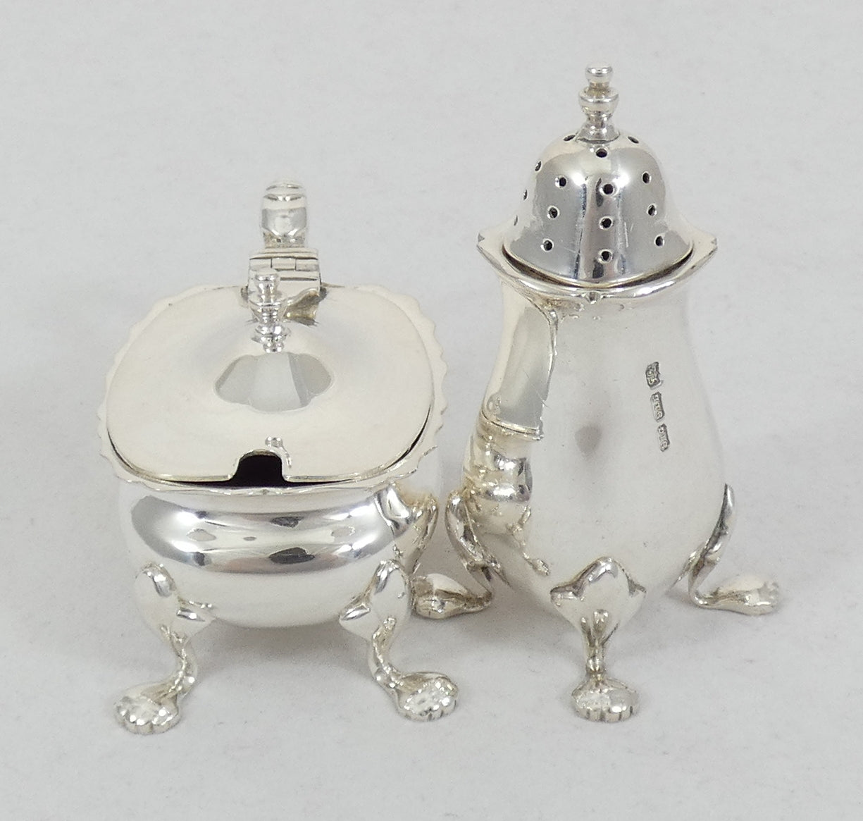 Vintage Australian 2pc Sterling Silver Cruet Set Pepper Pot Mustard Salt Cellar