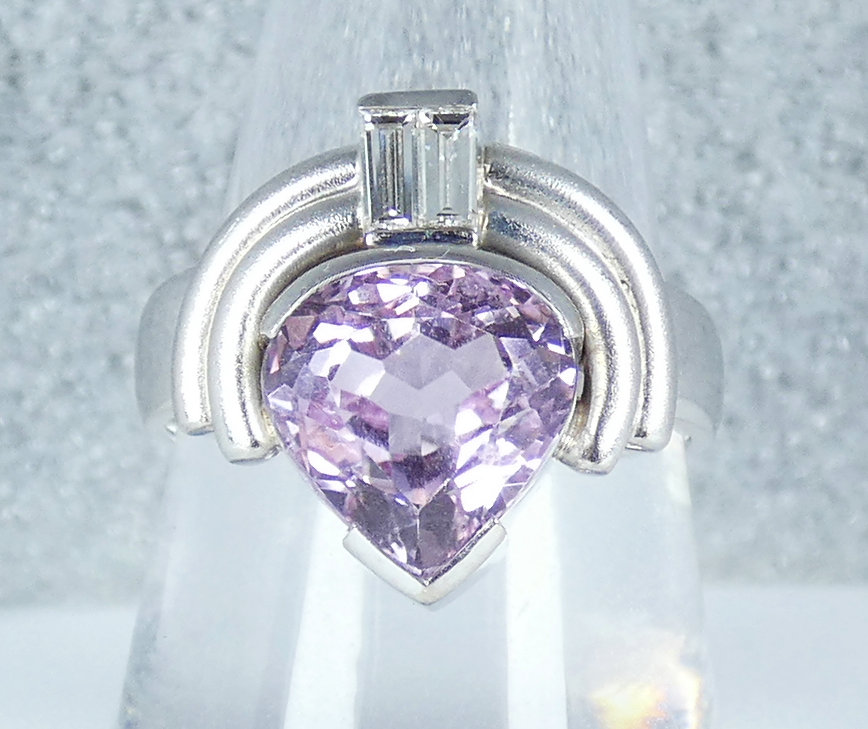 Vintage Heavy Solid 18ct White Gold Pink Kunzite & Diamond Dress Ring 9.5 S 60
